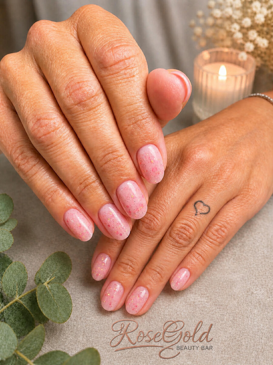 Natürliches Nageldesign in Rosa mit feinem Glitzer